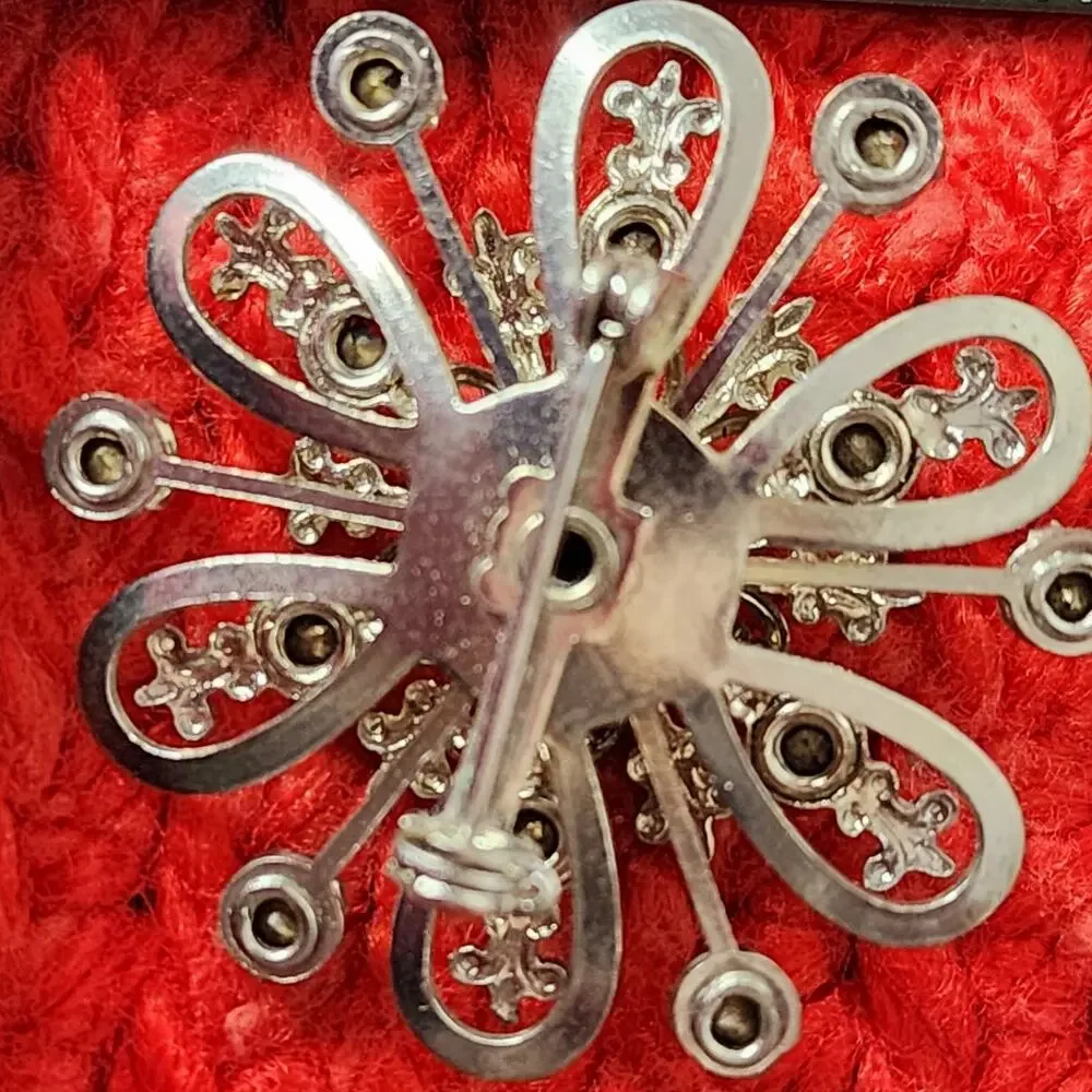 60s Silver Tone Grey Rhinestone Passion Flower Style Brooch Pin